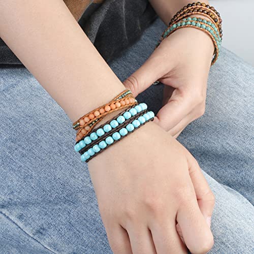 Image of KELITCH Double Wrap Bracelet Women Hand-Braided Turquoise Beads Bracelets Boho Leather Bracelets Bangle