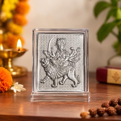 Image of 999 Silver Devi Durga Ambe Maa Photo Frame for Pooja Room, Office Desk & Car Dashboard | Sherawali Mata Bhavani Maa Adi Shakti Religious Frame, Auspicious Gift for Housewarming, Wedding & Festivals- 11x9x4 CM
