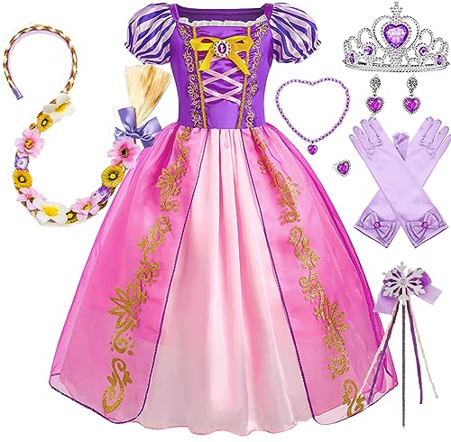 Timesun Puffärmel Angels Prinzessin Rapunzel Kostüm Kleid für Mädchen Kinder, Halloween Karneval Party Verkleidung Perücken, Kronen, Zepter, Ketten, Ringe, Ohrringe, Handschuhe (Lila, 150)