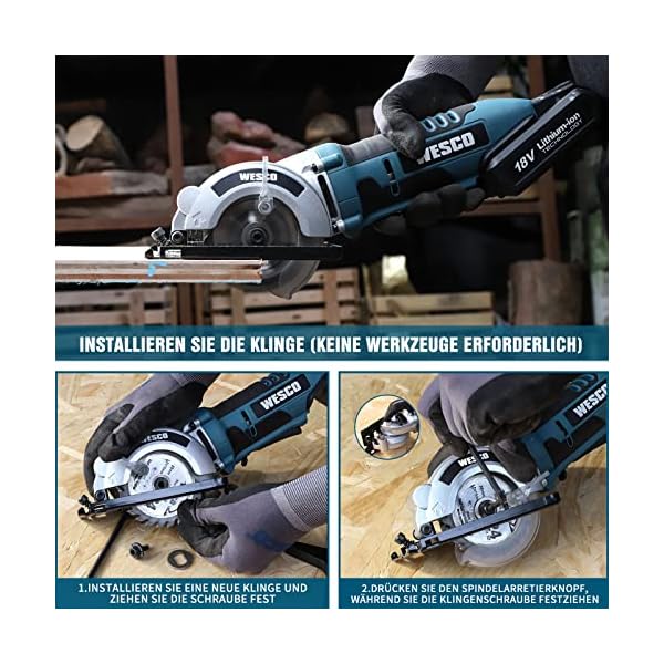WESCO Mini Handkreissäge Akku, 18V Mini Kreissäge, mit 2,0Ah Akku, 24T 85 mm TCT Sägeblatt, Schnitttiefe 0-27 mm (90… – Bild 7