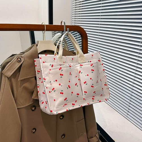 Image of Cherry Tote Bag for Women Canvas Patched Purse Cute Shoulder Bag Multi-Pocket Satchel Handbag for work travel