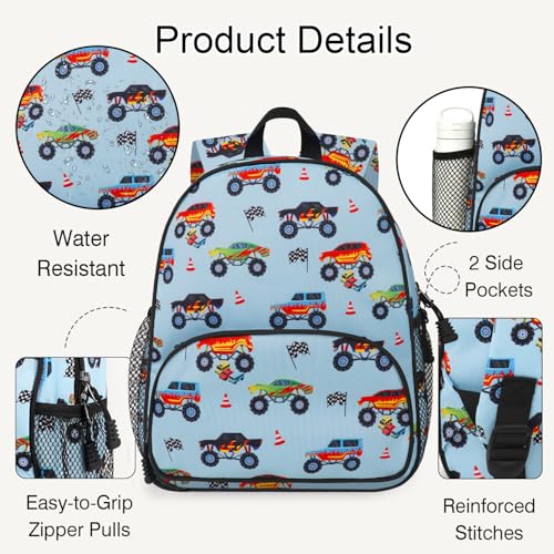 Image of Kids Boys Backpack 4-6: Toddler Bag for Travel Preschool Kindergarten, Kids Monster Truck Backpack