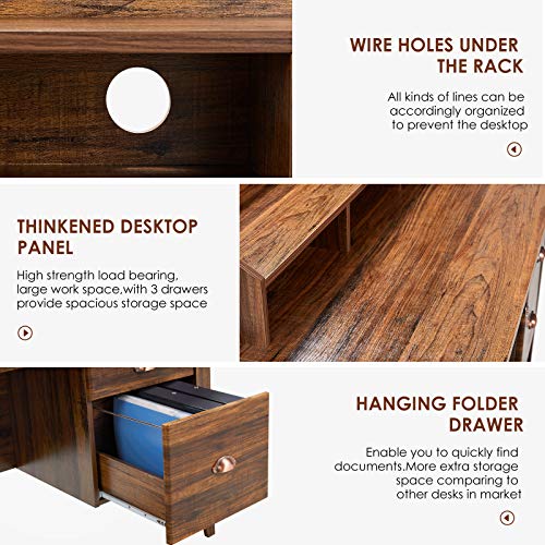 Computer Desk with 4 Drawers and Hutch Shelf, Executive Desk Home Office Desk Writing Sturdy PC Laptop Notebook Desk, Spacious Desktop Vintage Style Golden Cherry
