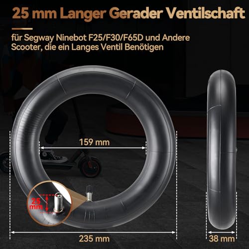 Satgoo E Scooter Schlauch 10x2.125, 2 MM Ultra Dicke, 25 mm Langes Gerades Ventil, Geeignet für Segway Ninebot F20 F20D F25 F30 F40 F40D F65D D18 D28 D38 etc., 10 Zoll Schlauch E Scooter 10x2/2.125