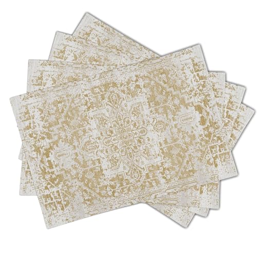 Image of Gray Tan Boho Placemats Set of 4 Ethnic Bohemian Carpet Place Mats Washable Kitchen Dining Vintage Grey Geography Floral Linen Table Mats Stain Heat-Resistant for Home Party Indoor 12x18 in