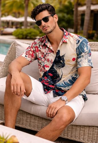 Image of Men's Watercolor Lion Print Button-Down Shirt, Short Sleeve, Casual Summer Wear, White