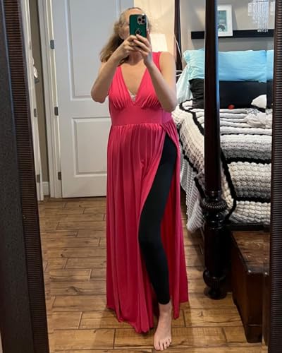 Image of SILUI Women's Summer 2026 Sexy Double High Slit Deep V Neck Plus Size Sundresses Thigh Split Maxi Club Party Dresses