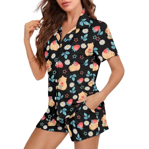 Image of Women's Short Sleeve Sleepwear Button 2 Piece Plus Size Pajamas Casual Soft Stretchy Funny Nightwear with Pockets