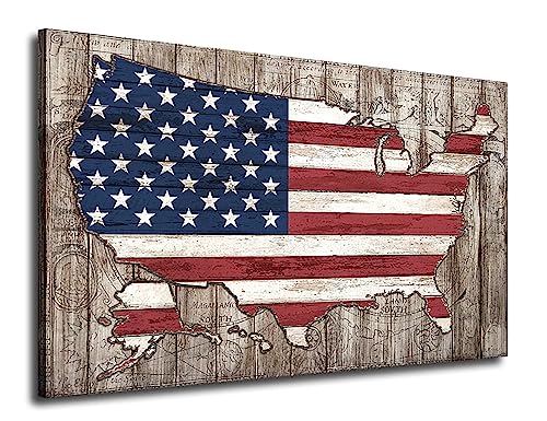Vintage Amerikaanse vlag canvas muurkunst rood wit blauw kaart vorm vlag van Amerikaanse patriottische foto's kunstwerk hout plank effect canvas print voor woonkamer slaapkamer kantoor keuken muur