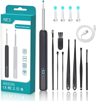 Ear Wax Removal Tool with Camera 4 Ear Spoon - Earpick with 1296P HD Camera - Earwax Removal Wireless Visible Ear Picker Fit iOS & Android Black