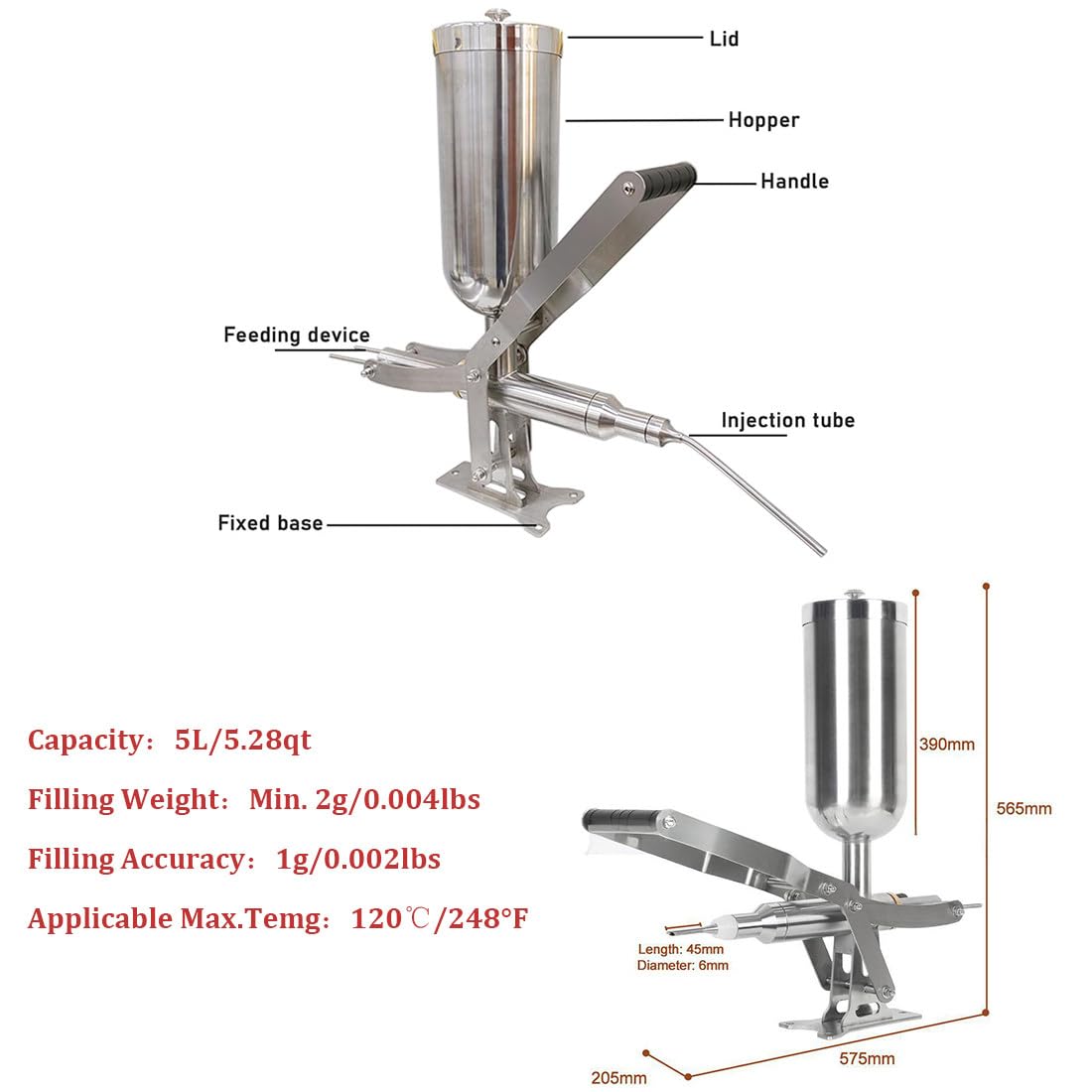 Machine De Remplissage pour Beignets Commerciale 5 L, Remplisseuse Manuelle pour Beignets, en Acier Inoxydable, Machine Remplir Crèmes avec 4 Tuyaux pour Cuisine Restaurant