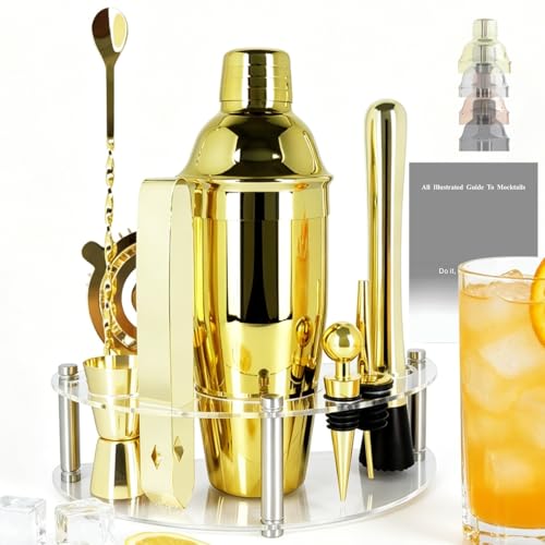 9-Piece Cocktail Shaker with Stand 25oz Bartender Kit Cocktail Shaker with Strainer Set Bar Set Jigger for Bartending Drink Mixer Set Cocktail Set Recipe (Gold)