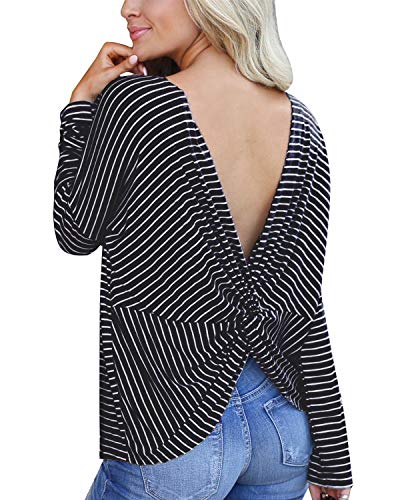 BONESUN Lightweight Sweaters for Women Criss Cross Open Back Shirts Long Sleeve Tunic