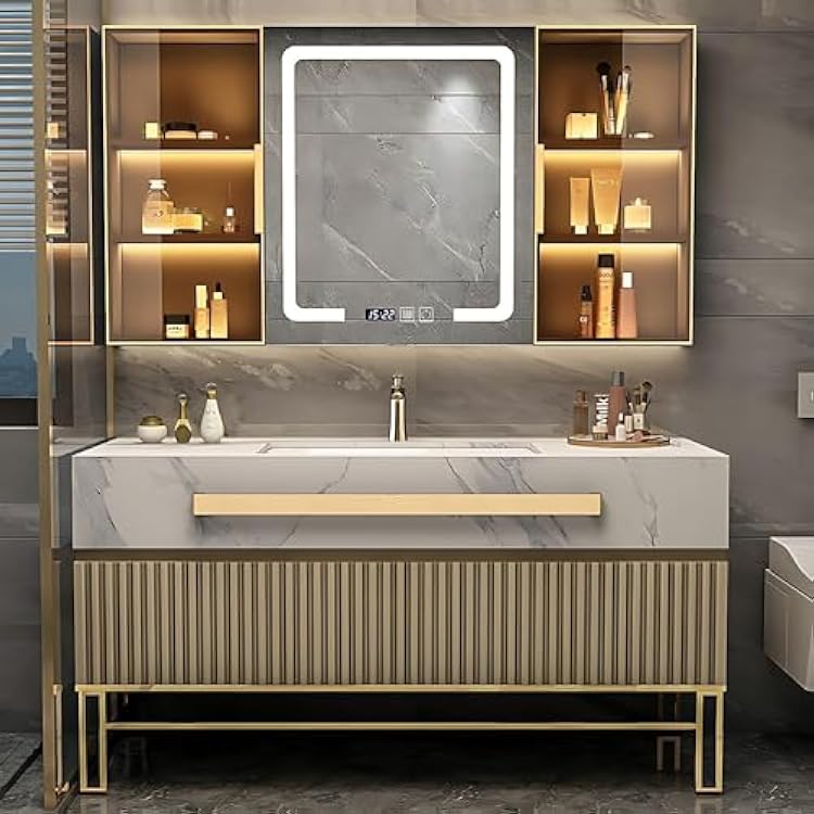 Bathroom Vanity - Freestanding Bathroom Vanity with Sink & Smart Defogging Mirror, Slate Solid Wood Material (Grey, 20 L x 48 W)