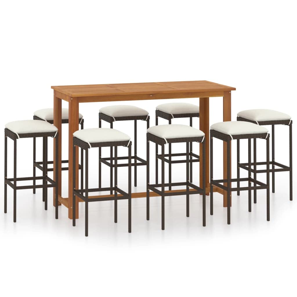 Juego de bar de jardín con cojín marrón de 9 piezas, madera de acacia maciza, estructura de acero con recubrimiento en polvo con ratán de polietileno, cojines de asiento extraíbles, máx. 110