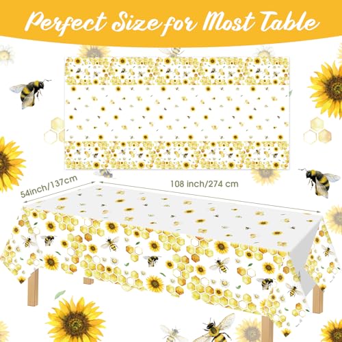Image of Ganeen 3 Pcs Bee Party Tablecloth Disposable Plastic Table Covers Sunflower Waterproof Tablecloths for Birthday Bee Themed Party Decor, 54 x 108 Inch