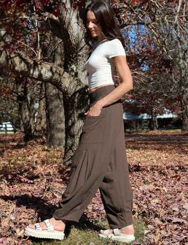 Image of TARSE Women's Linen Wide Leg Pants Baggy High Waist Palazzo Pants | Barrel Leg Fit, Harem Patch Pockets, Loose Casual Style, Breathable Fabric, Vacation Ready