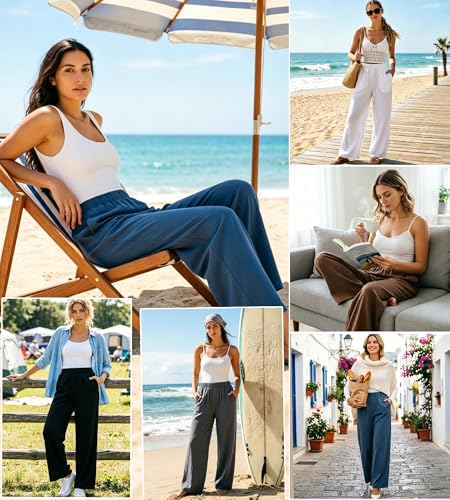 Neteson Pantalon Lin Été Femme Chic Élégant Pantalon Fluide Léger Larges – vue 7