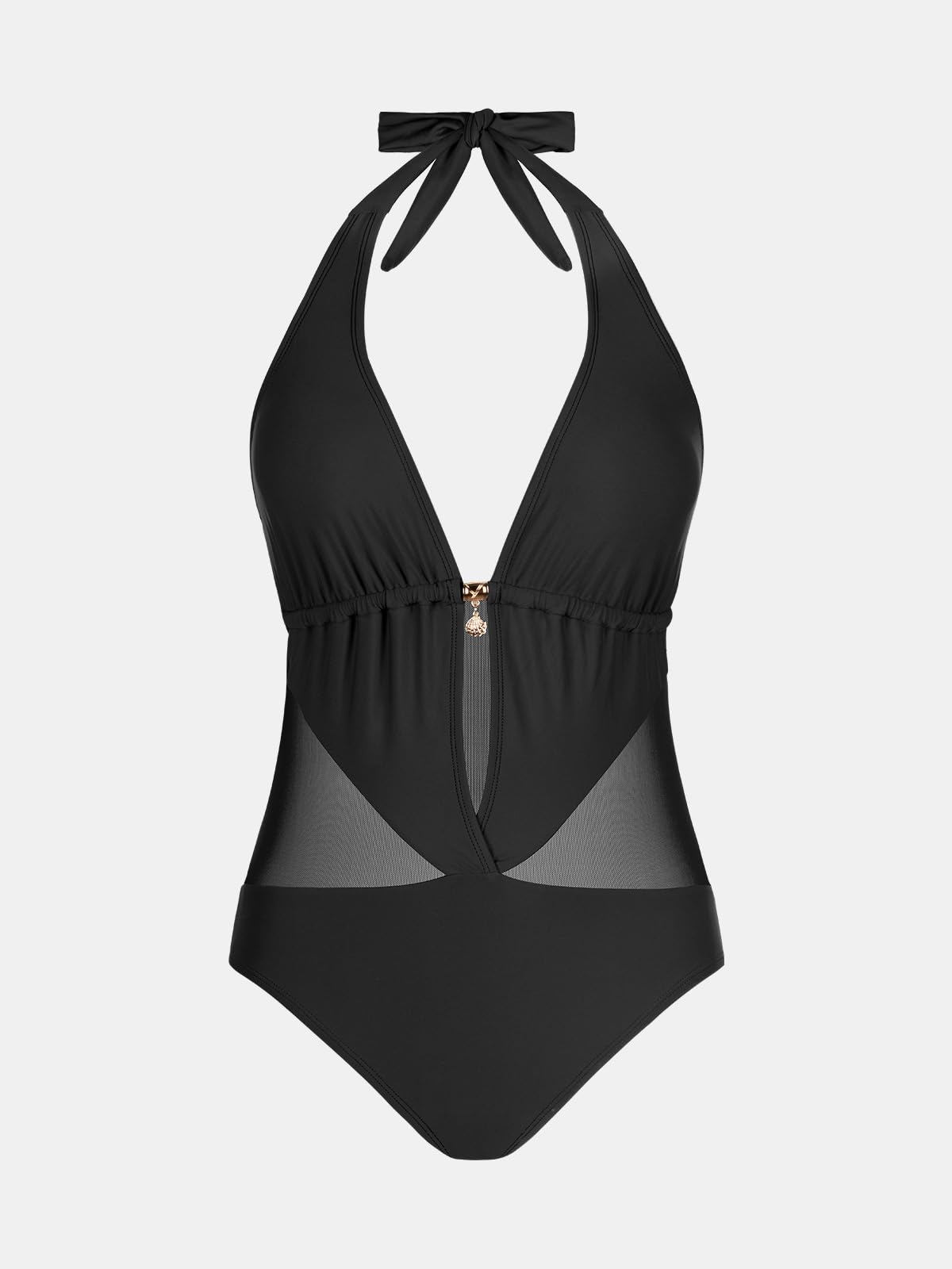 CUPSHE Damen Badeanzug Tiefer V Ausschnitt Neckholder Netzstoff Monokini Metalldetail Tiefer Rückenausschnitt Einteilige Bademode Swimsuit