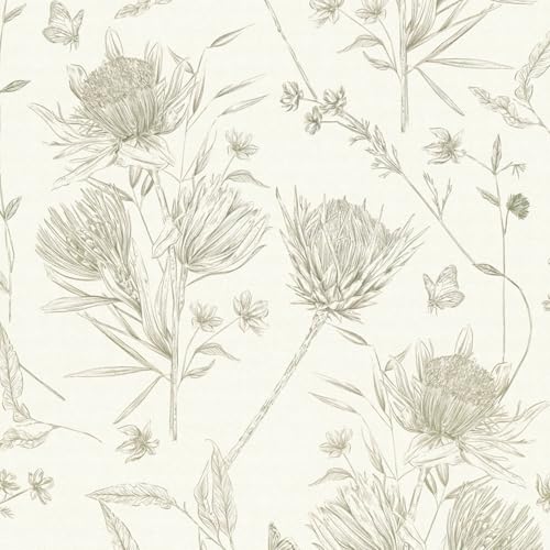 Carta da parati floreale Profhome 394273-GU Carta da parati TNT goffrata a caldo leggermente strutturata con ornamenti floreali opaca bianco verde 5,33 m2