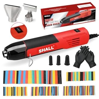 Foto di SHALL Mini set di pistole termiche, pistola termica portatile, supporto pieghevole, 2 impostazioni di temperatura 230°C/400°C, adatto per lavori artigianali, pellicola termoretraibile