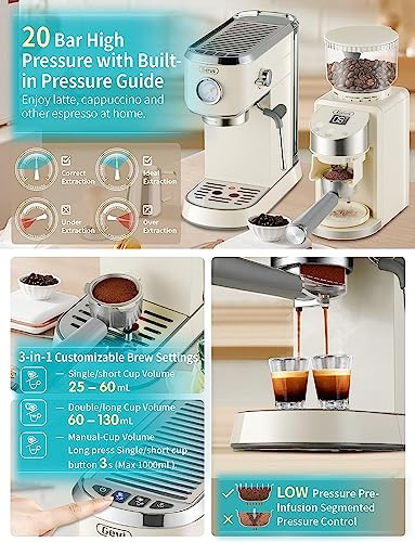 Gevi 20 Bar Espresso Coffee Machine with Burr Grinder Set | 35 Precise Grind Settings | Milk Frother for Latte Cappuccino | Professional Home Barista Kit | Gift for Coffee Lovers