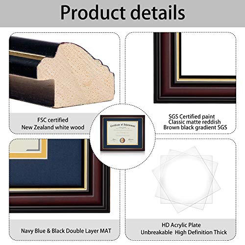 Image of ELSKER&HOME 8.5x11 Diploma Frame with Navy Mat,Real Wood Cherry | Double Mat, Navy with Golden Rim for Certificates Sized 8.5x11 Inch with Mat and 11x14 Inch Without Mat