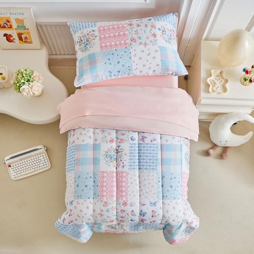 Image of Joyreap 4 Piece Toddler Bedding Set- Pink n Blue Patchwork Design, Microfiber Toddler Bedding Comforter Set for Girls