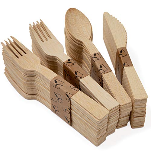 Disposable Bamboo Utensils, Pack Of 100 - Durable Picnic Utensils Set - Disposable Bamboo Cutlery Set, 50 Forks, 25 Spoons, And 25 Knives - Camping Products And Party Eating Supplies, Wooden Utensils #TOP2