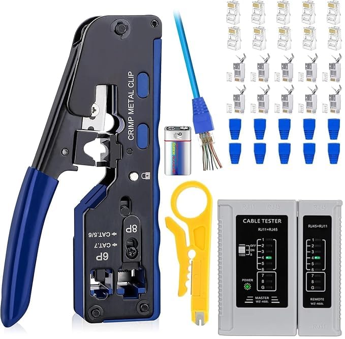 RJ45 Crimping Tool Kit, Passthrough Cat7 Cat6A Cat6 Cat5E Cat5 RJ45 Ethernet Crimp Tool with 10PCS Cat7 Pass Through Connectors 10PCS Cat6 Pass Through Connectors 10PCS Covers 1 Network Tester-image-21