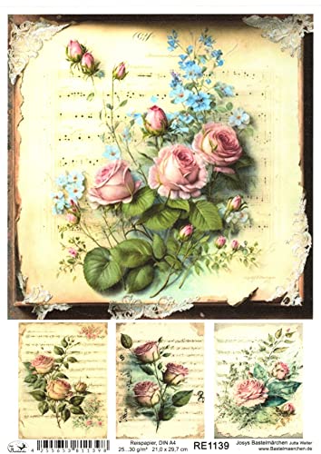 Josys Bastelmärchen Reispapier A4 Strohseide Decoupage Serviertentechnik Noten Rosen Vintage RE1139 Cover