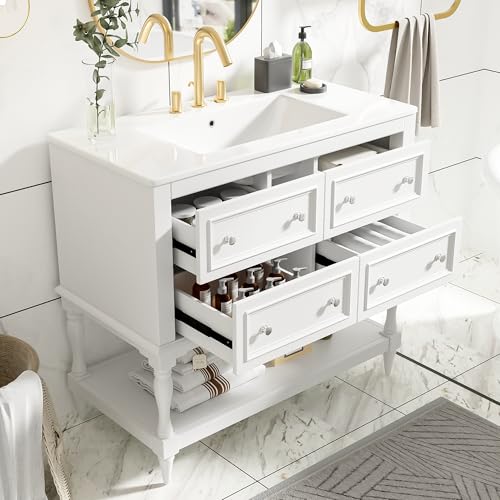 36\'\' Bathroom Vanity with Single Sink, Freestanding Sink Cabinet with 4 Drawers and Open Shelf, Solid Wood Frame Bathroom Storage Cabinet - Thumbnail 3