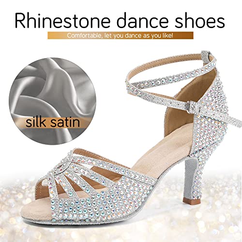 Image of JUODVMP Women's Latin Dance Shoes Rhinestones Satin Ballroom Dancing Shoes Salsa Professional Dance Shoes