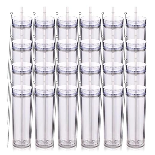 Volhoply 600ml Vasos de Plástico 24 Pack,20oz Vaso de Doble Pared con Tapa y Pajita,Taza de Café Helado de Viaje Reutilizable,Tumbler de Agua de Acrílico Mate Sin BPA para Fiestas(Transparente,24 Set)