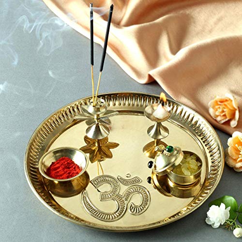Image of JAIPUR ACE Beautiful Om Carving Pure Brass Pooja Thali with Accessories Set of 5 Pcs 100% Brass 11 Inch Diameter