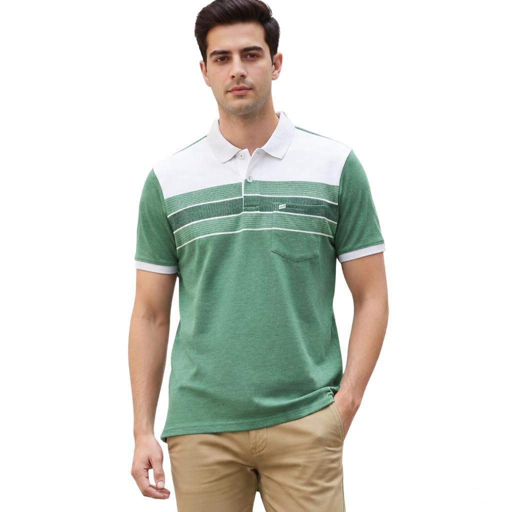 glc//09 Guy London Men's Striped Polo T-Shirt, Green and White, Short Sleeve, Collar Neck with Chest Pocket-picture-24