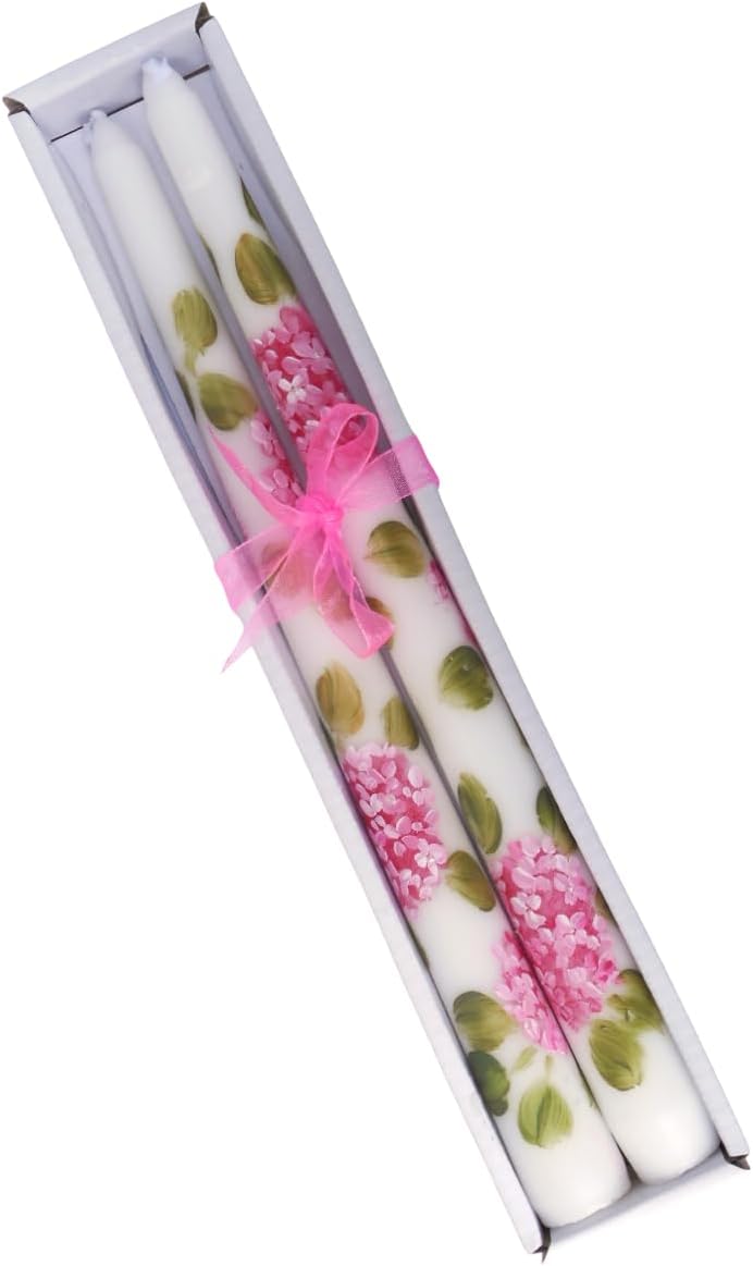 Pretty Decorative Dripless Taper Candles Romantic Spring Decorations Artist Hand Painted Not Machine Printed Pink Hydrangea Flower Shabby Chic Floral Home Decor Accents