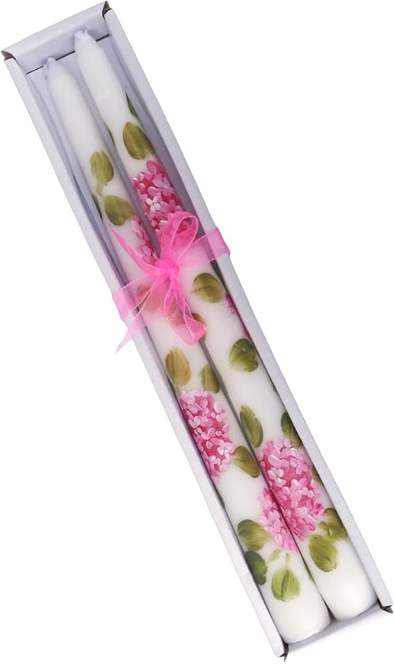 Decorative Dripless Taper Candles Artist Hand Painted Pink Hydrangea Spring Flower Shabby Chic Floral Home Decor not Machine Printed Copies
