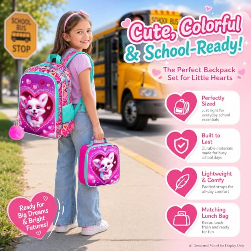 Image of 3Pcs Fox Backpack for Girls, 16 inch Kids Bookbag with Lunch Box, School Backpacks Set for Elementary Preschool Kindergarten(Pink)