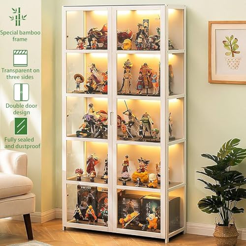 JOMILA Display Cabinet with Acrylic Cabinet Door Modern Minimalist Flip Door Display Case Curio Cabinet Glass Display Shelf Bamboo Storage Cabinet Easy to Instal (White 161x82x33cm)