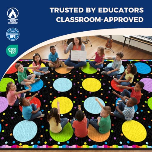 Booooom Jackson Classroom Rug - 7'6''x13' Rainbow Seating Dots Preschool Classroom Carpet, Non-Slip & No-Trip Edges, Vibrant Colors for Kids Playroom Floor Mat - image 2