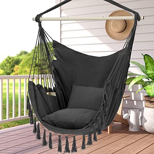 Y- STOP Hammock Chair Hanging Rope Swing, Max 330 Lbs, 2 Cushions Included, Large Macrame Hanging Chair with Pocket, Cotton Weave for Superior Comfort, Durability (Grey)