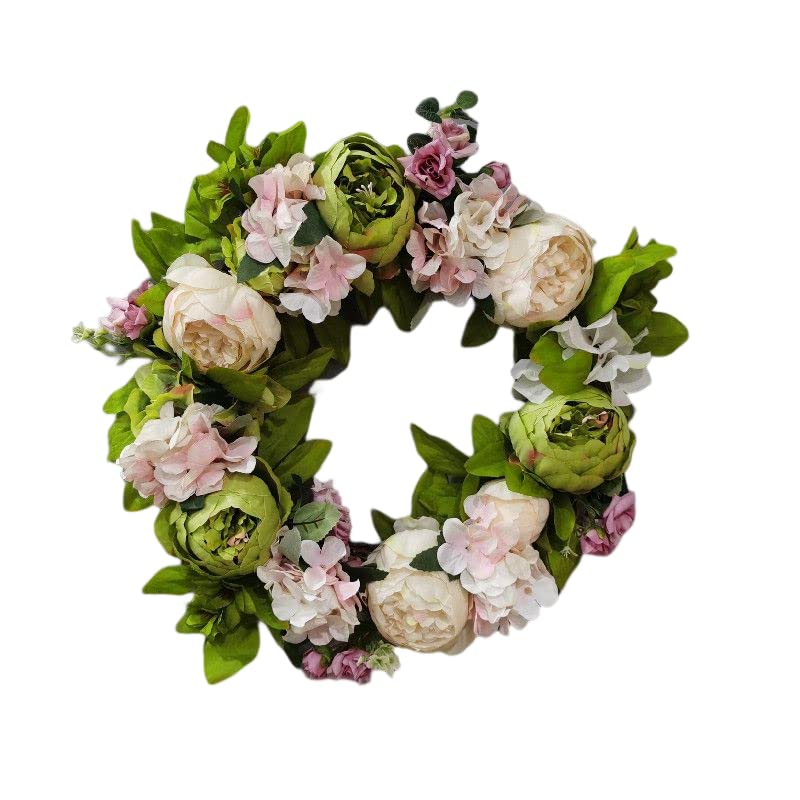 Artificial Peony Flower Wreath, 40cm Handmade Floral Wreath Fake Peony Wreath with Green Leaves, Front Door Wreath Farm Rose Wreath for Front Door