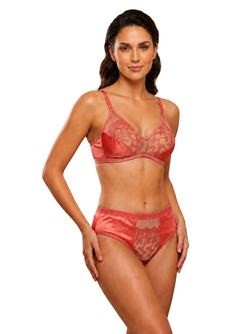 Women's Pink Floral Lace Non Padded Bra and High Waist Panty Set-image-46