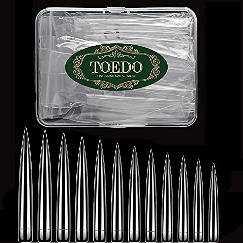 TOEDO Extra Long Stiletto Nail Tips, 120pcs Full Cover Stiletto False Nail Tips Fake Nail For Nail Salon & Home DIY, 12 Sizes with Box (Clear)