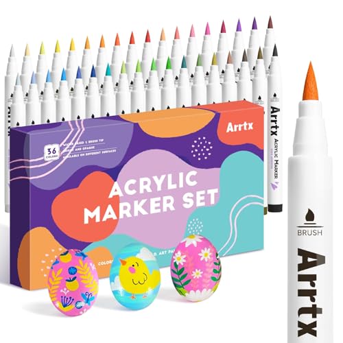 Arrtx 36 Colors Acrylic Marker for Rock Painting, Extra Brush Tip Paint Markers, Art Supplies, Fabric Markers, Waterproof Paint DIY Crafts Making Regular Set 36D