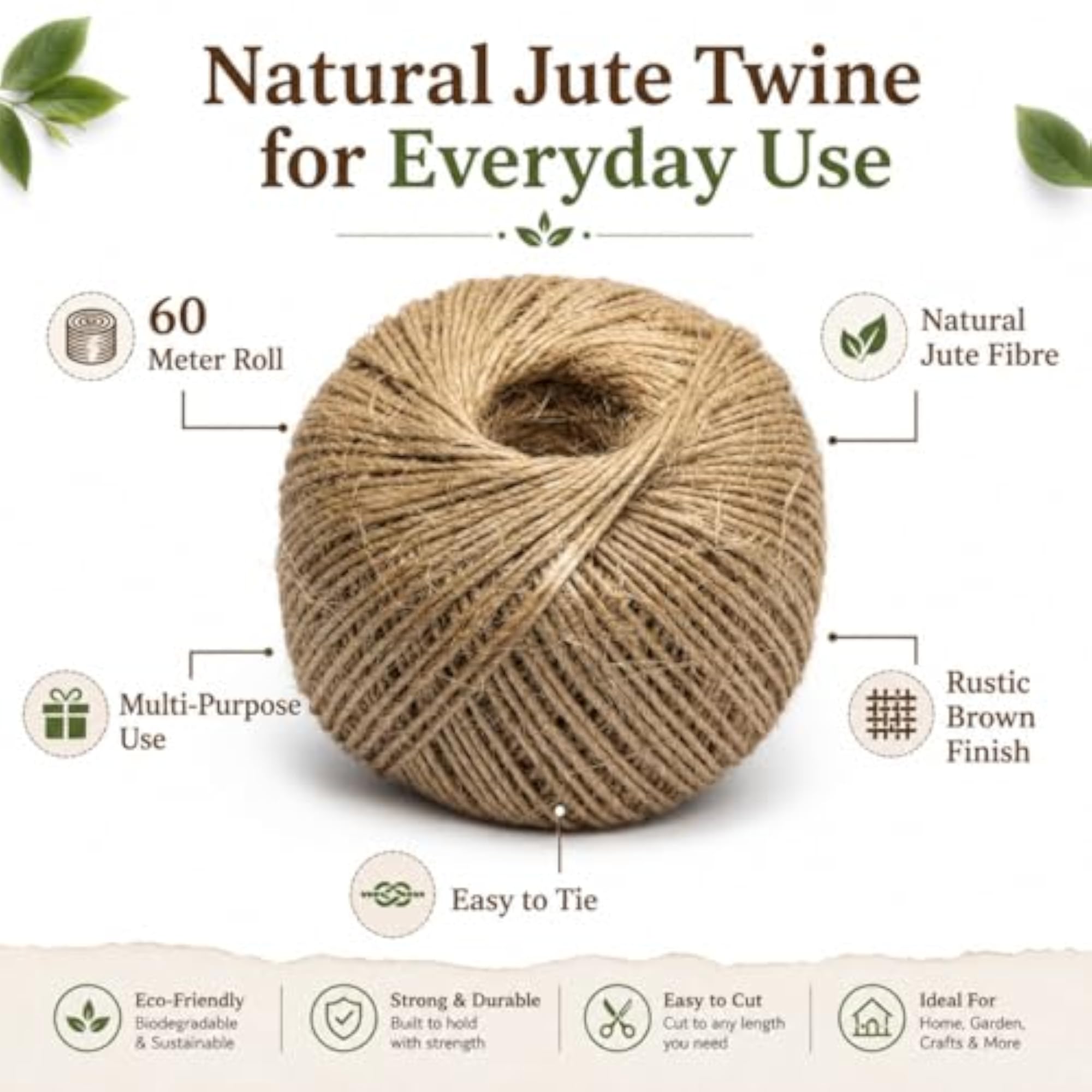 Natural Soft Jute Twine Rope, 60 Metres, Eco-Friendly