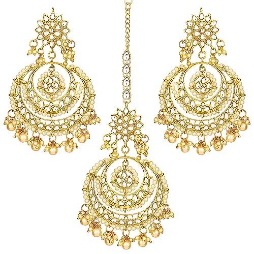 Image of Peora Traditional Jewellery Rhodium Kundan & Pearl Maang Tikka Earring Set for Women Girls
