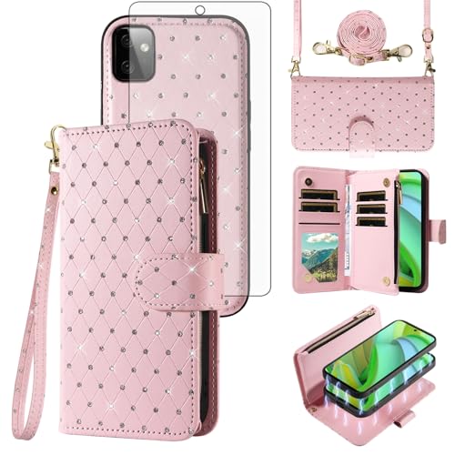 Asuwish Compatible with Motorola Moto G Power 5G 2023 Wallet Case Zipper Cell and Tempered Glass Screen Protector Crossbody Strap Glitter Flip Card Holder Phone Cover for GPower G5 Women Rose Gold