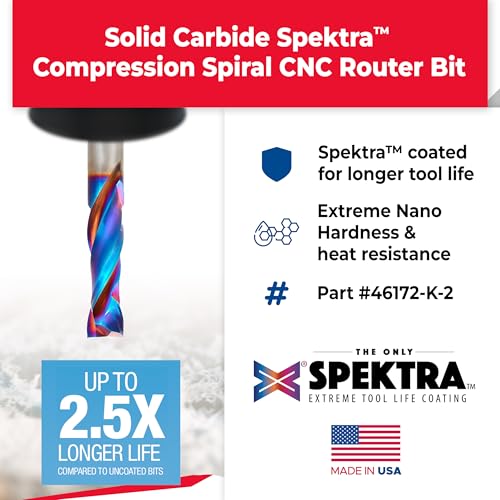 Image of Amana Tool Spektra Extreme Tool Life Coated Solid Carbide CNC Compression Spiral Router Bit, 46172-K-2 2 Pack, 3 /8 D x 1-1 /4 CH x 3 /8 SHK x 3 L 2 Fl